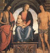 The Madonna and the Nino enthroned, with the Holy Juan the Baptist and Sebastian